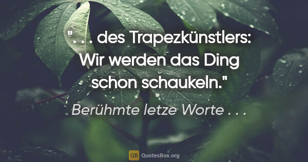 Berühmte letze Worte . . . Zitat: ". . . des Trapezkünstlers: "Wir werden das Ding schon schaukeln"."