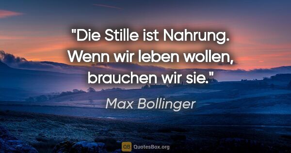 Max Bollinger Zitat: "Die Stille ist Nahrung. Wenn wir leben wollen, brauchen wir sie."
