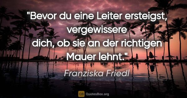 Franziska Friedl Zitat: "Bevor du eine Leiter ersteigst, vergewissere dich, ob sie an..."