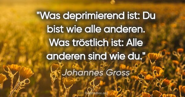 Johannes Gross Zitat: "Was deprimierend ist: Du bist wie alle anderen. Was tröstlich..."