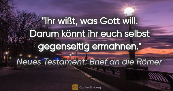 Neues Testament: Brief an die Römer Zitat: "Ihr wißt, was Gott will. Darum könnt ihr euch selbst..."