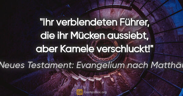 Neues Testament: Evangelium nach Matthäus Zitat: "Ihr verblendeten Führer, die ihr Mücken aussiebt, aber Kamele..."