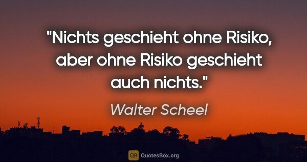 Walter Scheel Zitat: "Nichts geschieht ohne Risiko, aber ohne Risiko geschieht auch..."