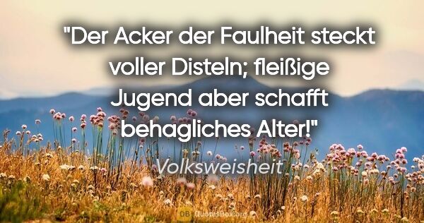 Volksweisheit Zitat: "Der Acker der Faulheit steckt voller Disteln; fleißige Jugend..."