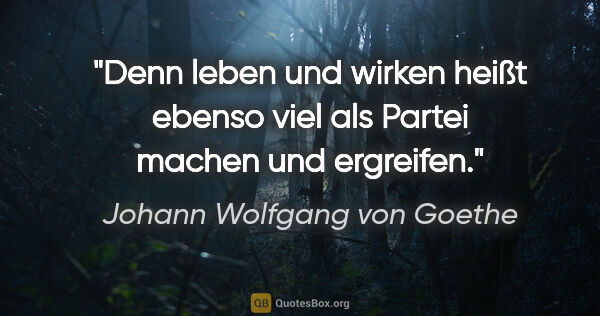Johann Wolfgang von Goethe Zitat: "Denn leben und wirken heißt ebenso viel als Partei machen und..."
