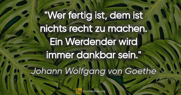 Johann Wolfgang von Goethe Zitat: "Wer fertig ist, dem ist nichts recht zu machen. Ein Werdender..."