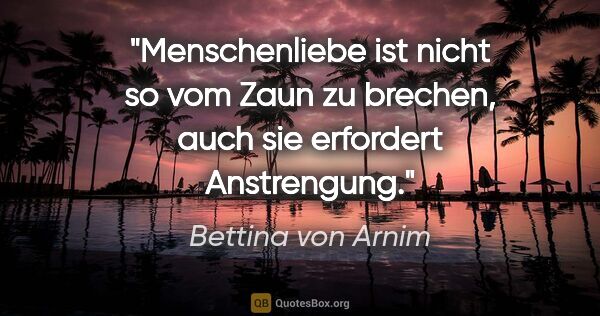 Bettina von Arnim Zitat: "Menschenliebe ist nicht so vom Zaun zu brechen, auch sie..."
