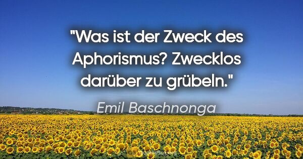 Emil Baschnonga Zitat: "Was ist der Zweck des Aphorismus? Zwecklos darüber zu grübeln."