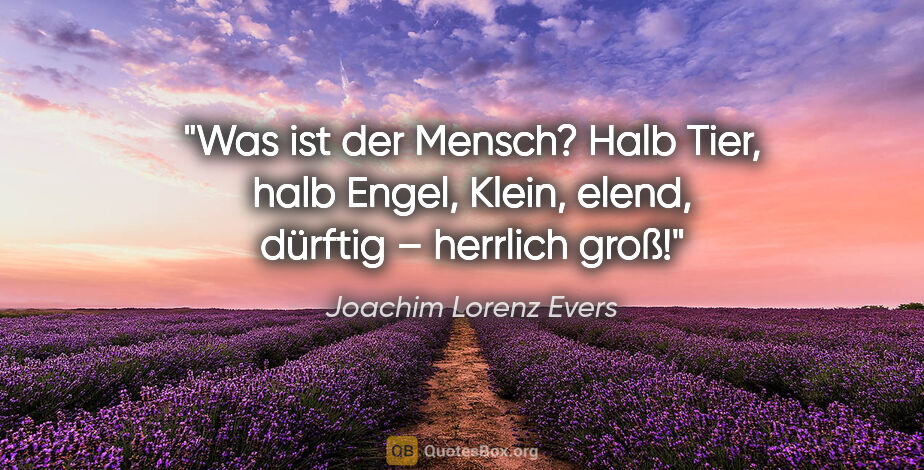 Joachim Lorenz Evers Zitat: "Was ist der Mensch? Halb Tier, halb Engel,
Klein, elend,..."
