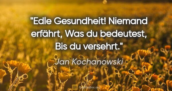 Jan Kochanowski Zitat: "Edle Gesundheit!
Niemand erfährt,
Was du bedeutest,
Bis du..."