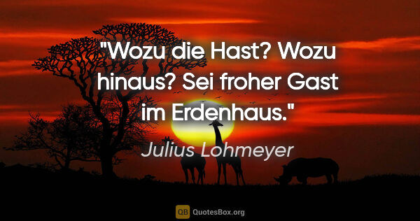Julius Lohmeyer Zitat: "Wozu die Hast?
Wozu hinaus?
Sei froher Gast
im Erdenhaus."