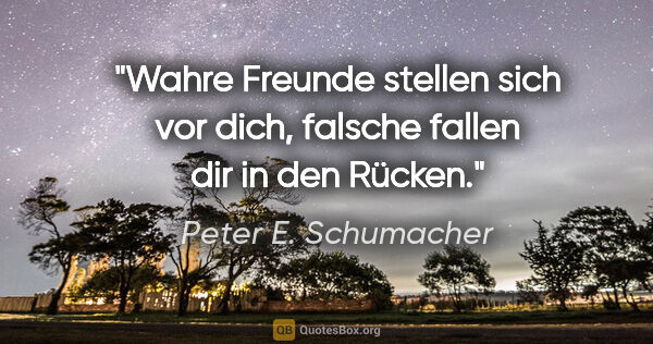 Peter E. Schumacher Zitat: "Wahre Freunde stellen sich vor dich,
falsche fallen dir in den..."