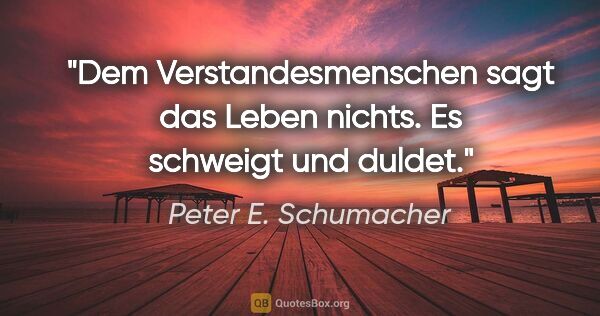 Peter E. Schumacher Zitat: "Dem Verstandesmenschen sagt das Leben nichts.
Es schweigt und..."