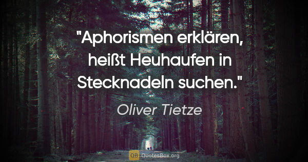 Oliver Tietze Zitat: "Aphorismen erklären, heißt Heuhaufen in Stecknadeln suchen."