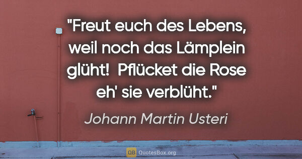 Johann Martin Usteri Zitat: "Freut euch des Lebens, weil noch das Lämplein glüht! 
Pflücket..."