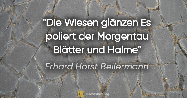 Erhard Horst Bellermann Zitat: "Die Wiesen glänzen
Es poliert der Morgentau
Blätter und Halme"