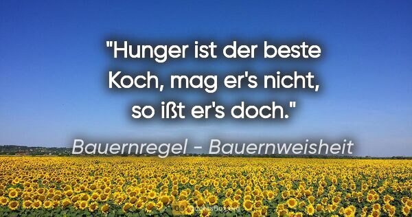 Bauernregel - Bauernweisheit Zitat: "Hunger ist der beste Koch, mag er's nicht, so ißt er's doch."